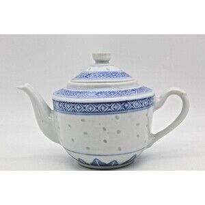 Rice Eye Grain Teapot 4 inch Chinese Porcelain Translucent Blue White Flower VTG